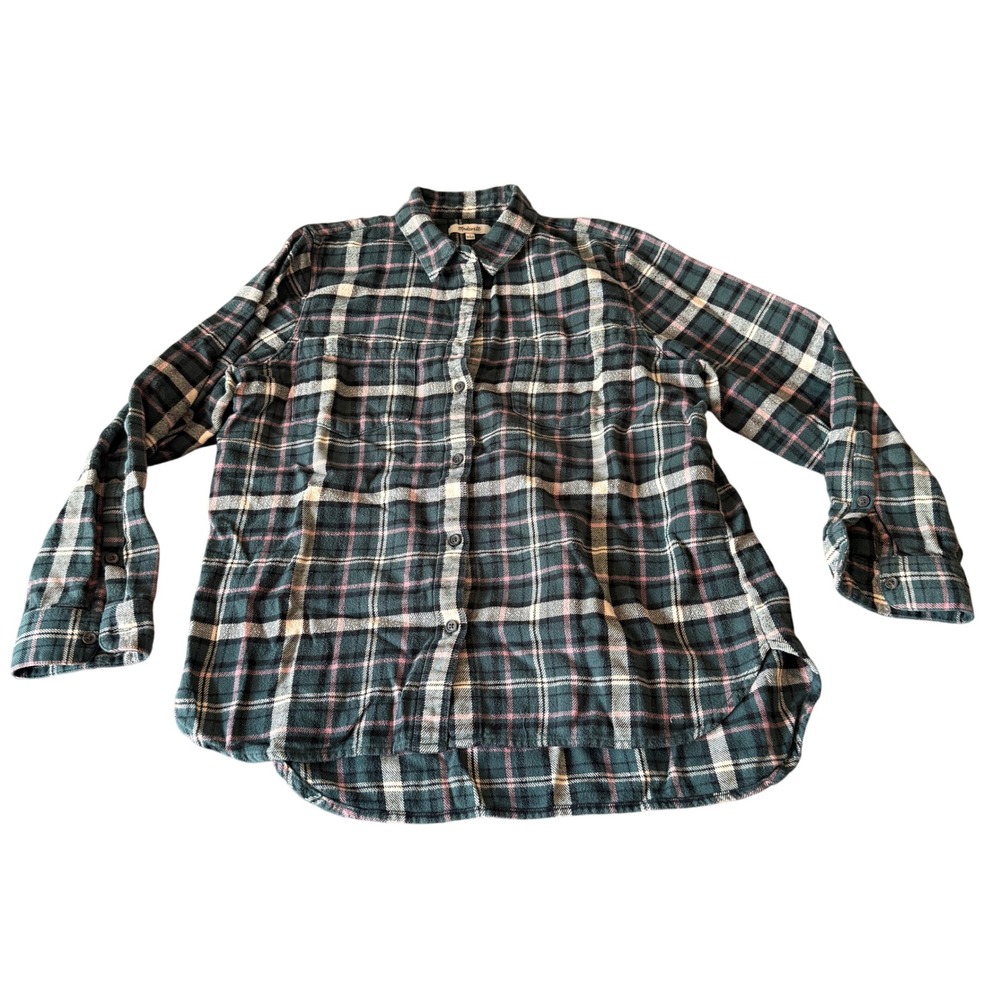 Madewell Womens Green Pink Plaid Flannel‎ Button Down Shirt Size L Long Sleeve